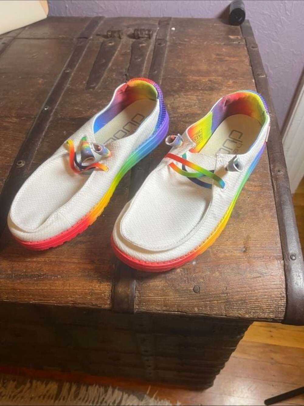 Hey Dude Women's White Slip-On Flats with Rainbow Trim size 8